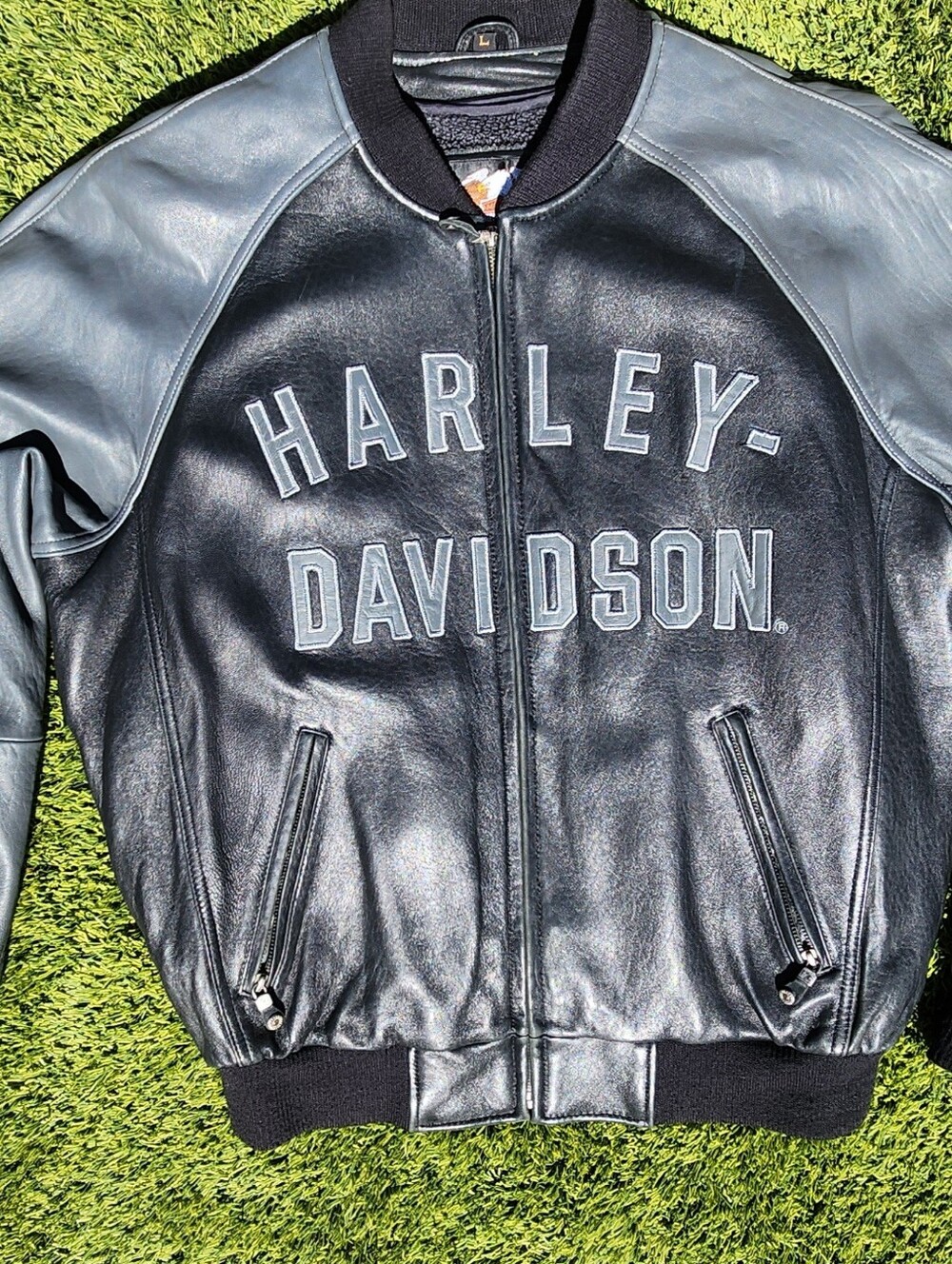 Vintage 100th Yr. Harley-Davidson Black/Grey Leather Bomber Jacket - Picture 7 of 8
